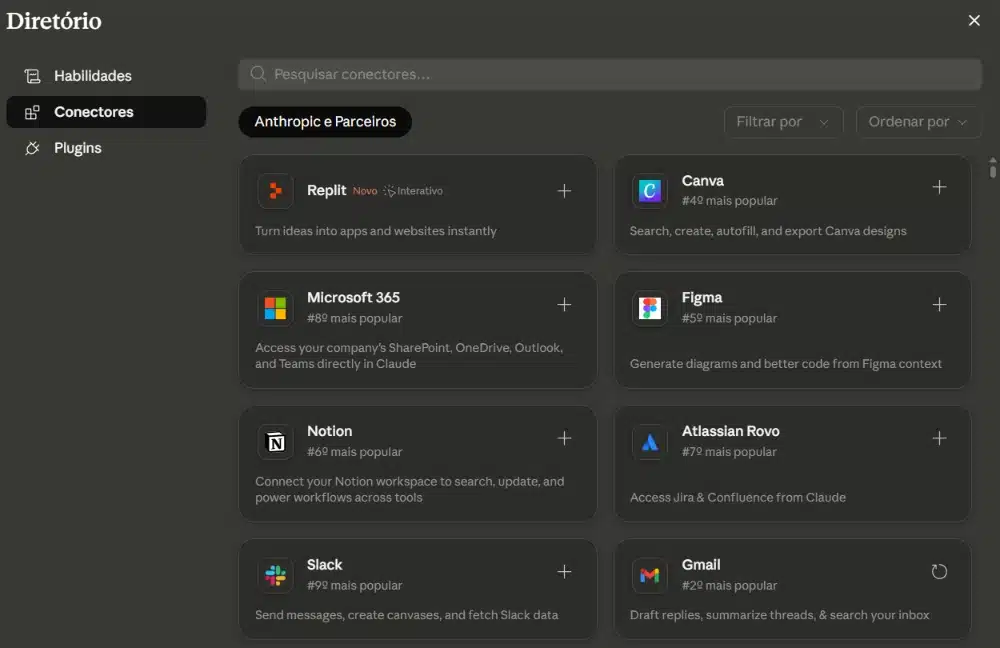 Lista de conectores do Claude para integrar ferramentas externas
