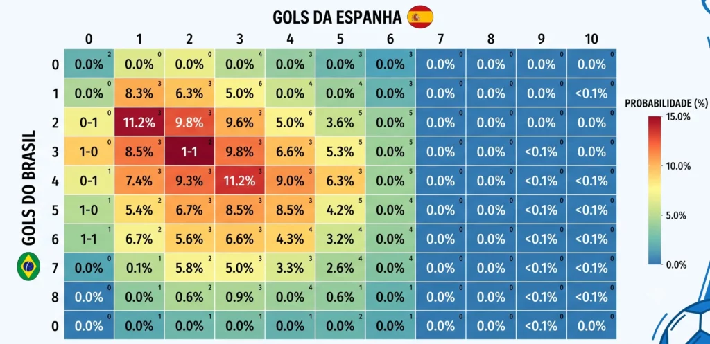 a matriz de probabilidades de gols entre duas seleções (ex.: Brasil x Espanha), com as células coloridas por probabilidade de cada placar