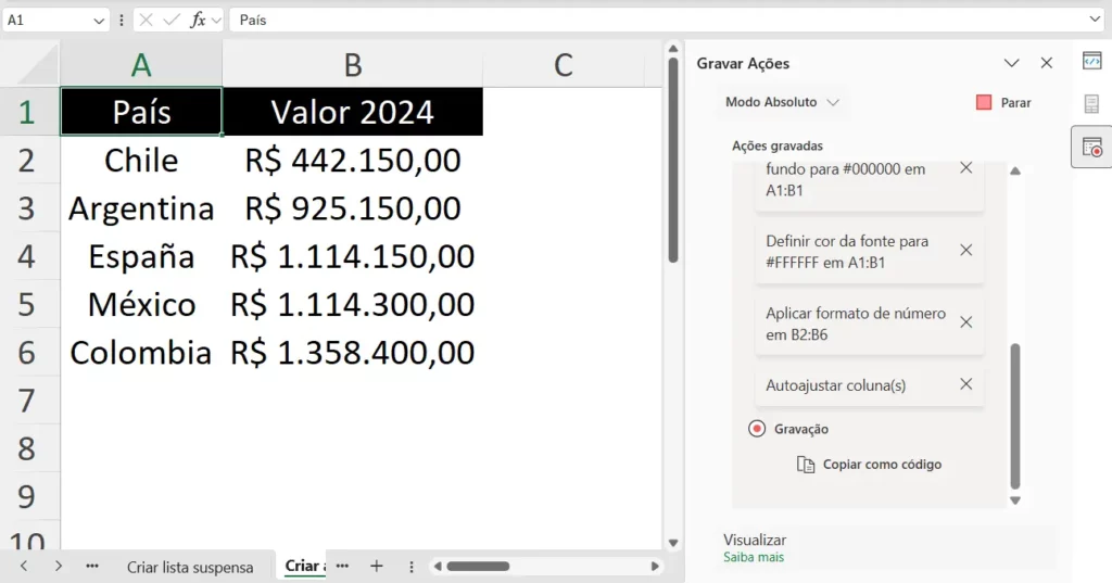 como gravar um script personalizado no Excel pela guia Automatizar