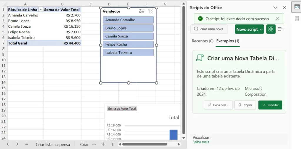 Print da nova aba gerada pelo script, mostrando tabela dinâmica, gráfico dinâmico e segmentação de dados por vendedor