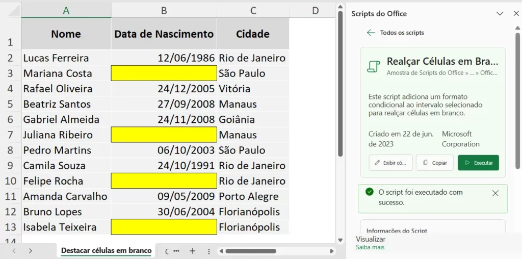 Print da planilha de cadastro com células em branco destacadas em amarelo após execução do script