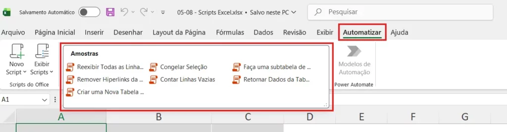 Print da guia Automatizar do Excel 365 aberta, mostrando a lista de scripts prontos disponíveis no painel