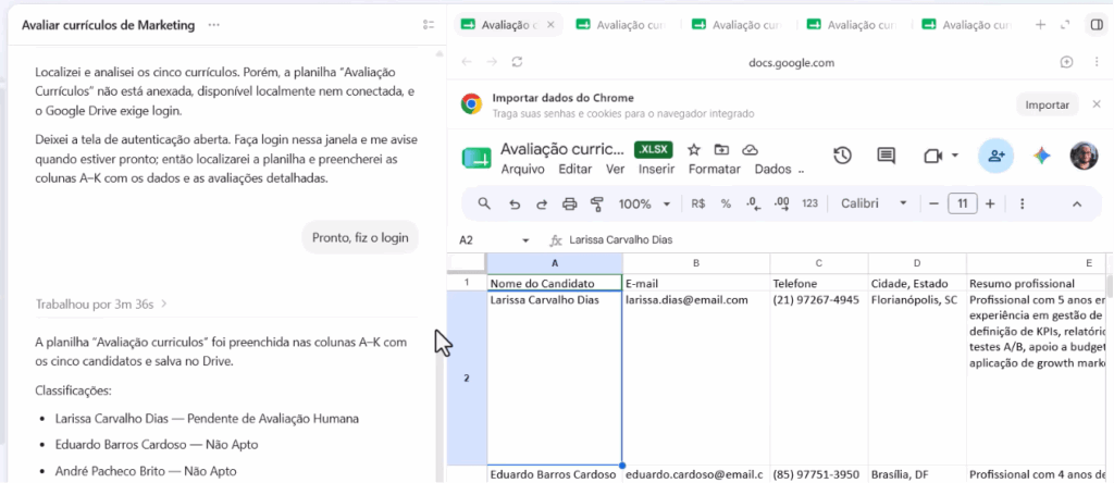print da planilha do Google Drive preenchida automaticamente com as colunas A a K e a avaliação dos candidatos