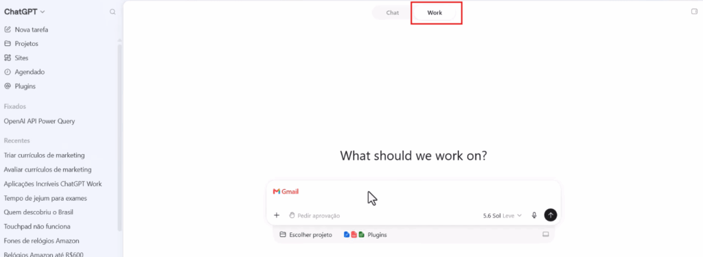 tela do ChatGPT Work mostrando a lista de plugins disponíveis, com o Gmail em destaque