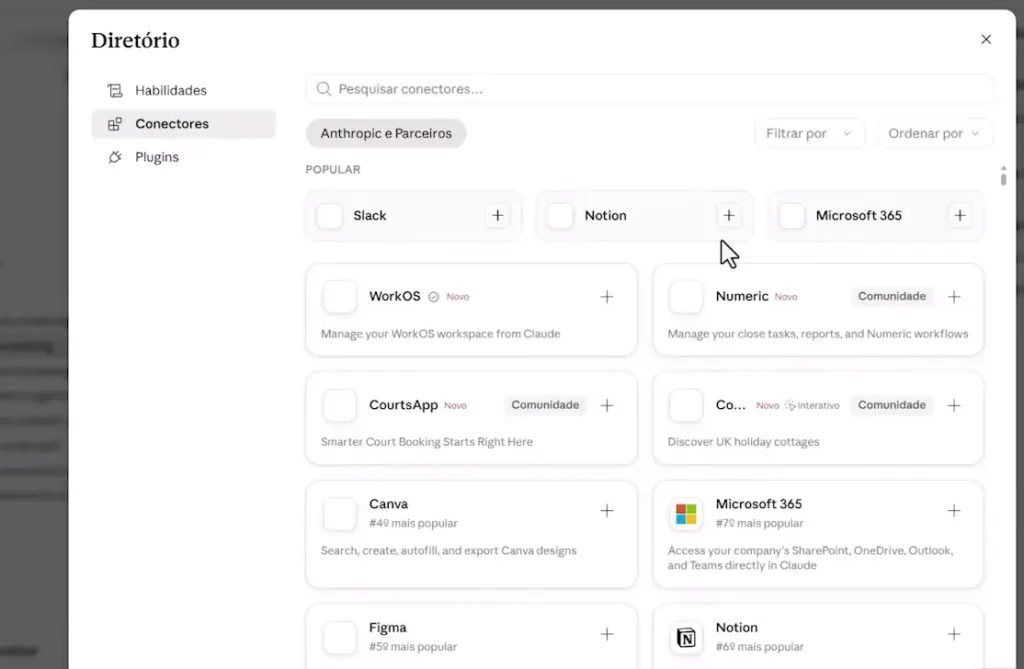 Diretório de conectores (Gmail, Slack, Notion, Microsoft 365)