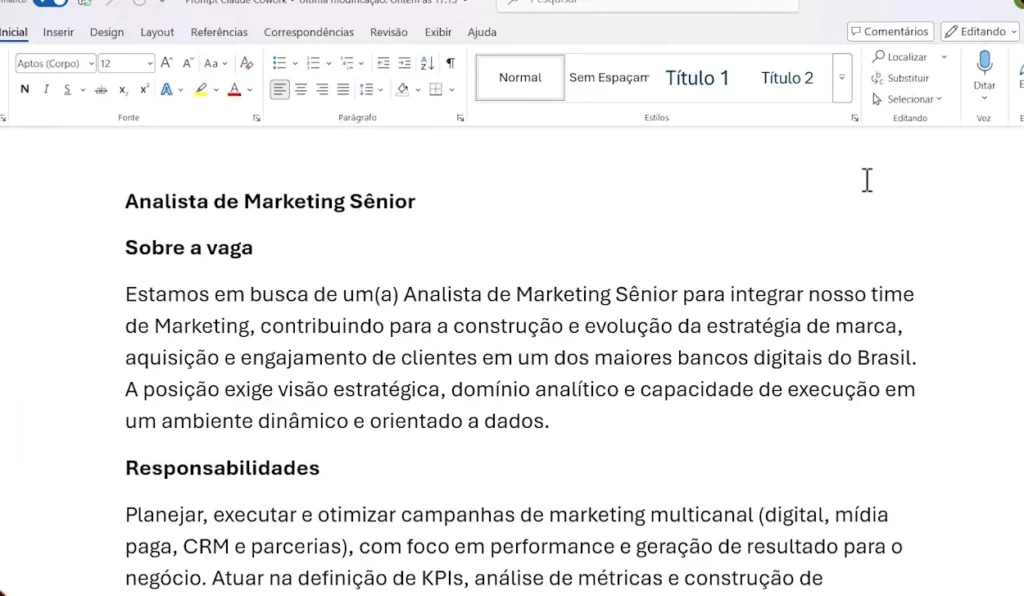 Documento com o descritivo da vaga