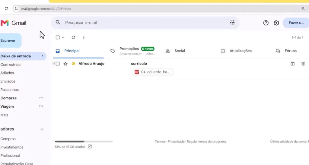 Gmail recebendo currículo em anexo