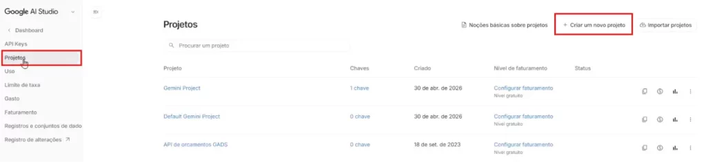 Criar um projeto no Google AI