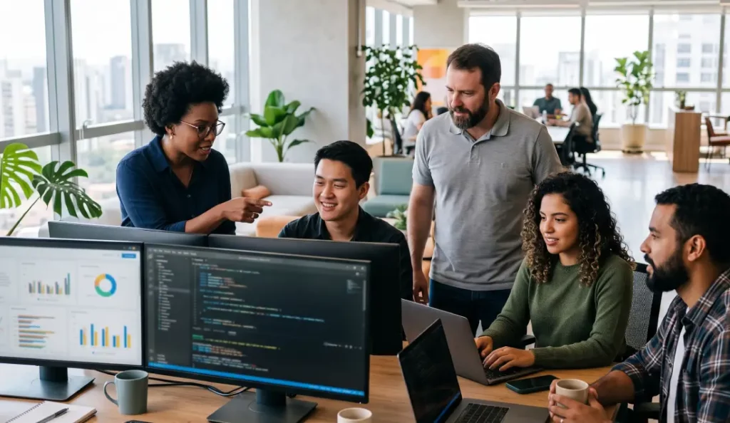 equipe de tecnologia diversa reunida em frente a telas de código e dashboards