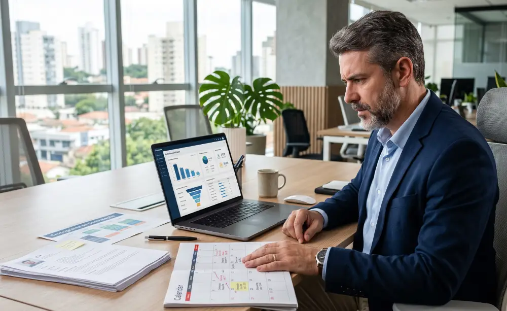 gestor analisando calendário com vaga em aberto, representando o custo do tempo de contratação