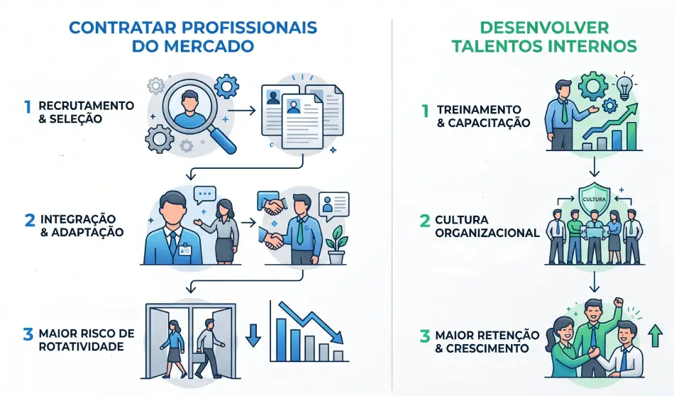 comparativo visual entre formar o time e contratar no mercado (build vs buy)