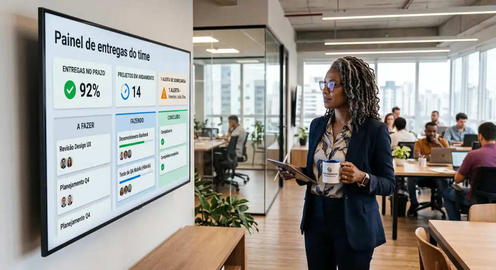 lĂder analisando um dashboard de produtividade da equipe