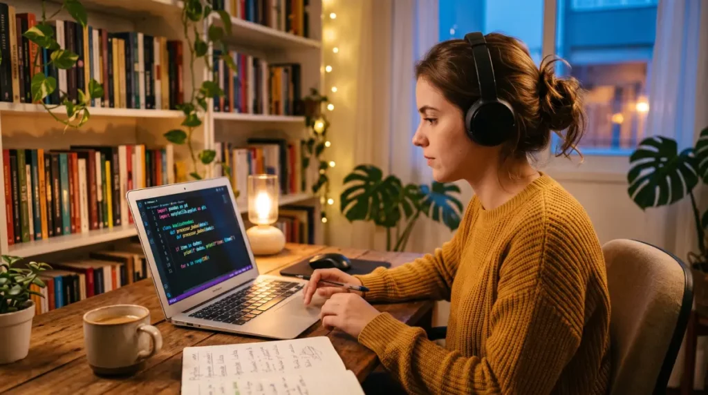 pessoa estudando Python no computador com cĂłdigo na tela