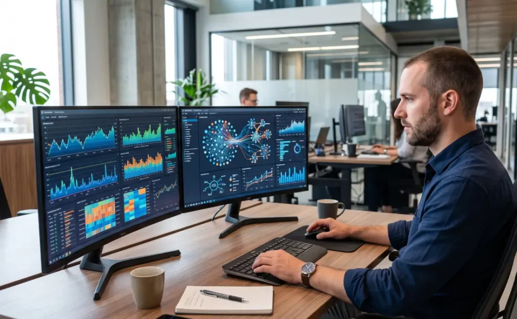 Fotografia realista de um ambiente corporativo clean e moderno. O foco está em um profissional analisando monitores de alta tecnologia exibindo dashboards complexos de Big Data, com múltiplos gráficos e conexões de dados em tempo real.