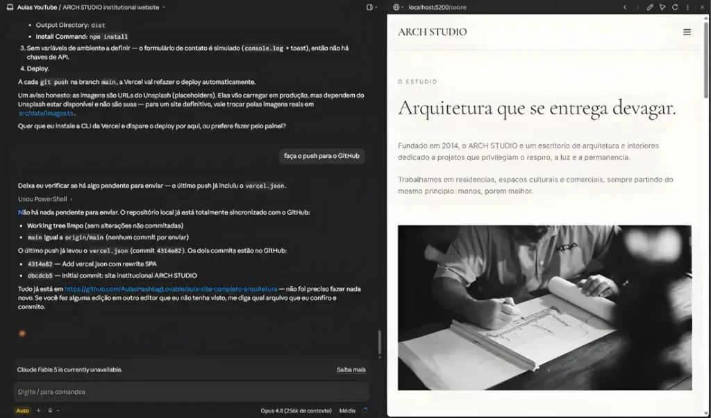 preview do site ARCH STUDIO rodando em localhost ao lado do Claude Code.