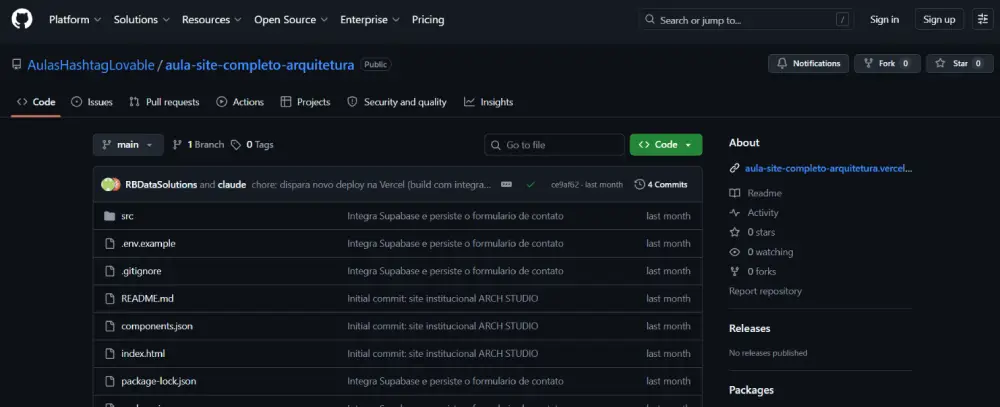 tela do GitHub com o repositório e todos os arquivos do projeto