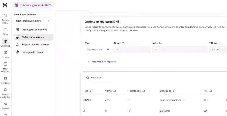 painel de DNS da Hostinger com os registros A e CNAME configurados.