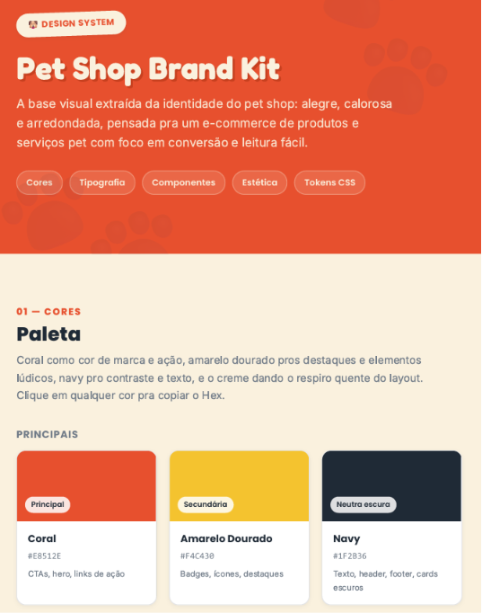 exemplo de documento de design system em PDF, mostrando paleta de cores, tipografia e componentes visuais extraídos por IA