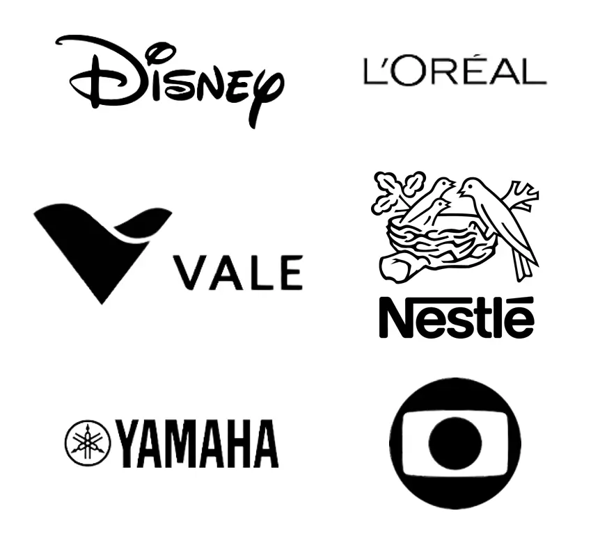 logos de empresas que confiam na Hashtag (Disney, Nestlé, Globo, L'Oréal, Vale, Yamaha)