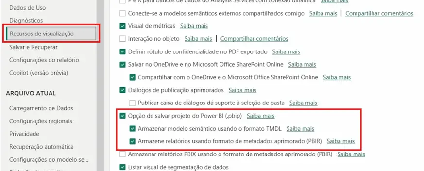 Configuração do formato Power BI Project (.pbip) para a integração Claude + Power BI