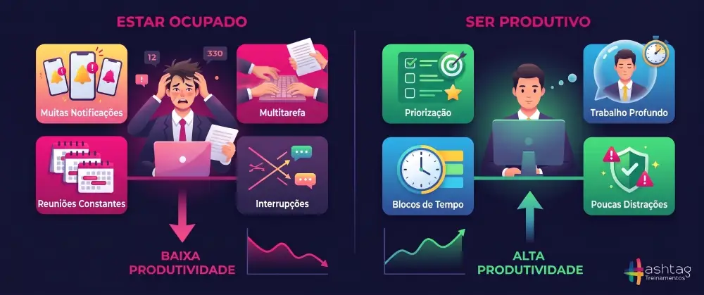 Diagrama comparando estar ocupado com ser produtivo, mostrando como multitarefa e interrupções reduzem a produtividade da equipe enquanto foco e priorização aumentam os resultados.