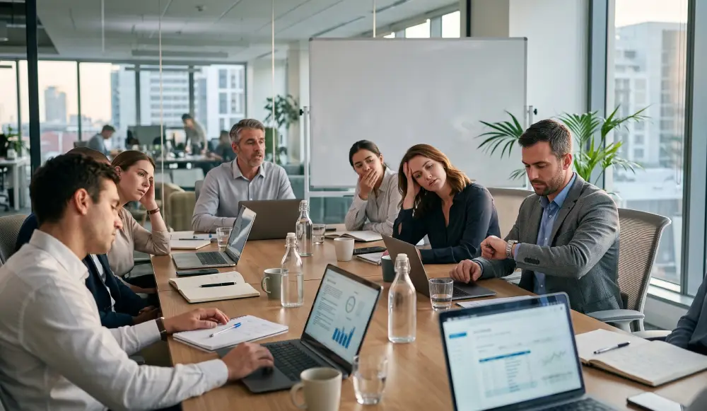 Equipe participando de uma reunião longa e pouco produtiva, ilustrando o impacto do excesso de reuniões na produtividade.