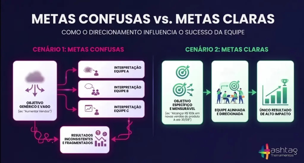 Diagrama mostrando como metas mal definidas geram desalinhamento na equipe e como objetivos claros melhoram a produtividade.
