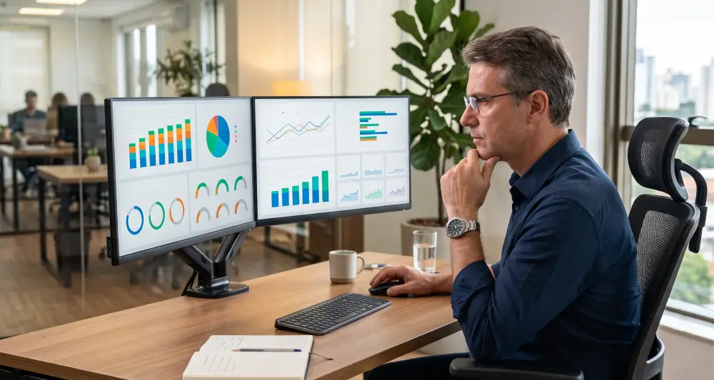 Gestor analisando dashboard com indicadores de desempenho para tomar decisões baseadas em dados sobre produtividade da equipe.