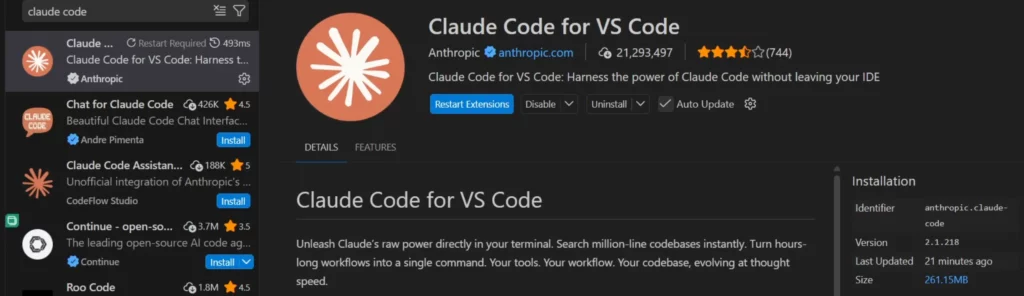 extensão do Claude Code sendo instalada no VS Code