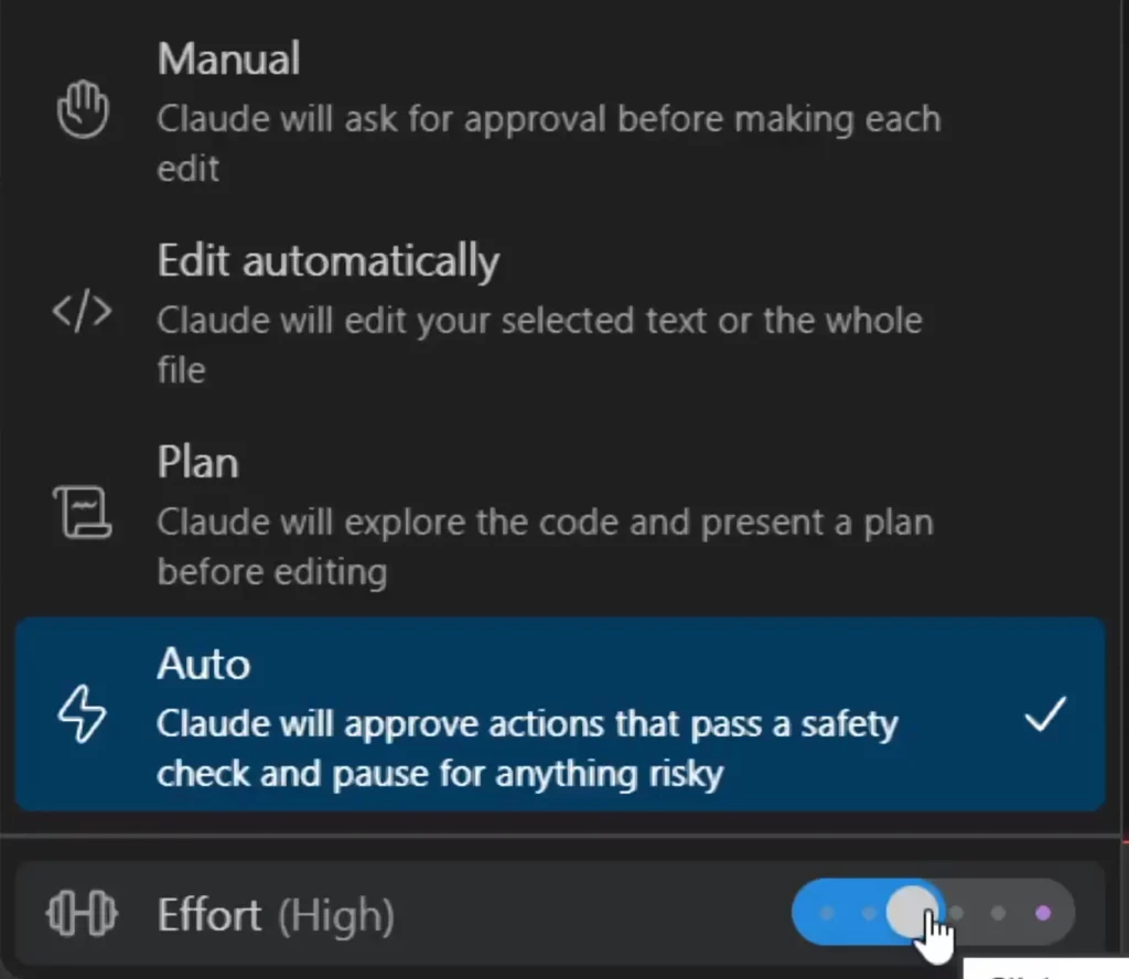 menu de seleção de modo, manual, planejamento e automático