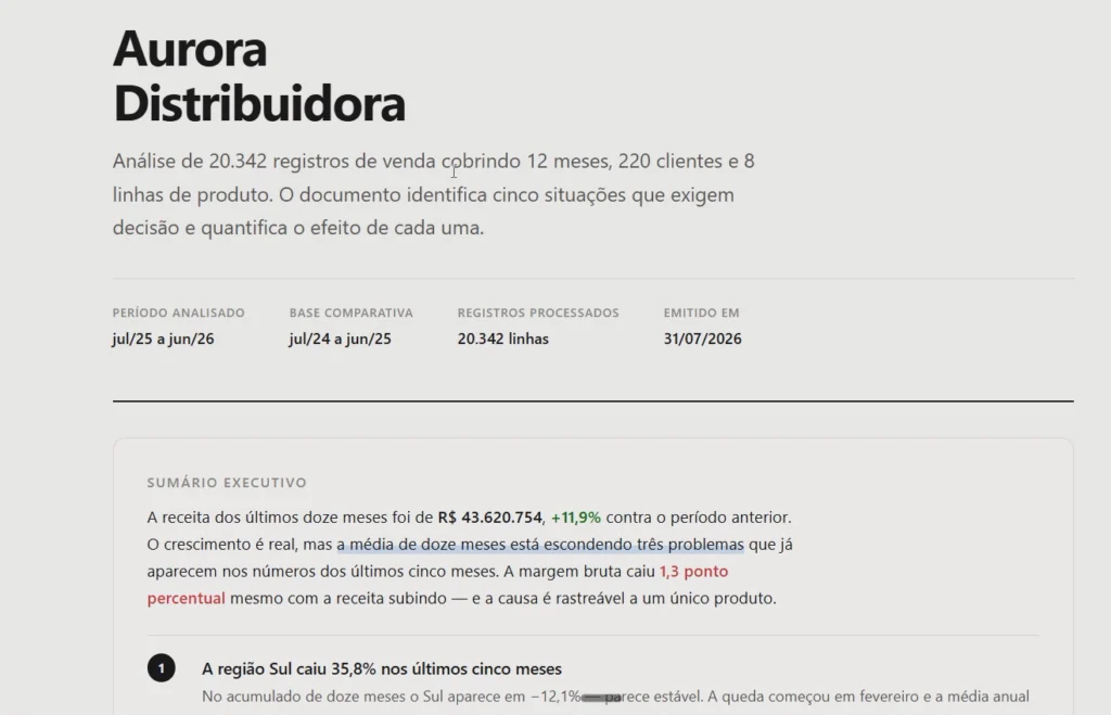 relatório de análise comercial com insights sobre margem e clientes
