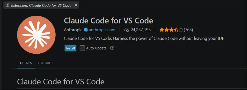 print da extensão Claude Code sendo instalada dentro do Visual Studio Code