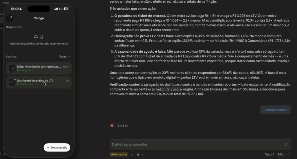 print do comando /remote control sendo digitado dentro de uma conversa do Claude Code no VS Code