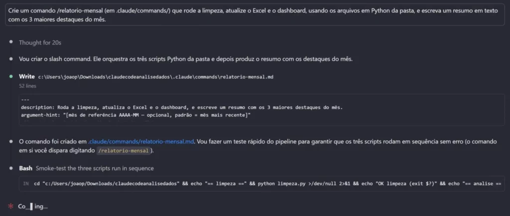Claude criando o comando relatorio mensal para faciliar o processo