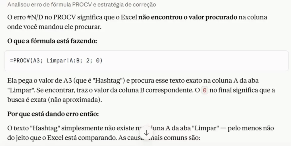 Perguntando ao Claude sobre o erro ND da fórmula PROCV no Excel