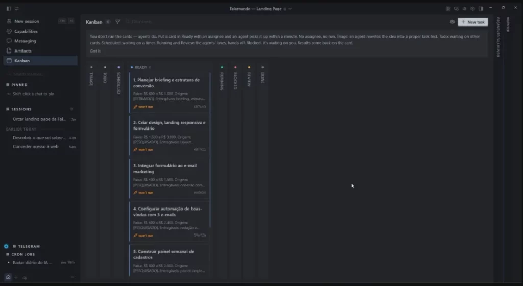 quadro Kanban do Hermes Agent com as colunas de triagem, todo, planejado, em execução e finalizado