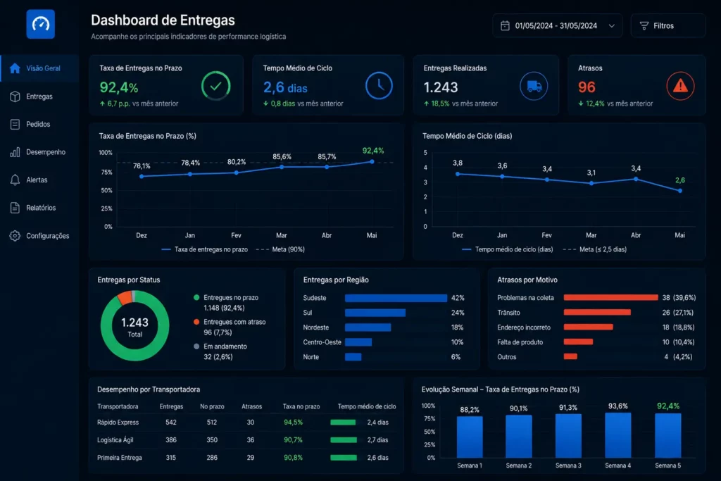dashboard de indicadores de entrega mostrando taxa de entregas no prazo e tempo de ciclo