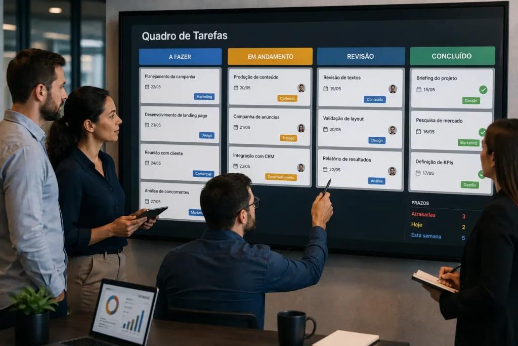 equipe acompanhando um quadro de tarefas (kanban) com prazos de entrega