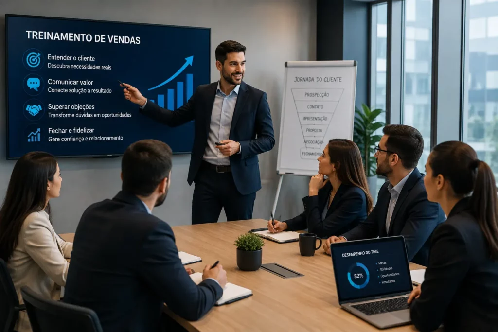 equipe comercial reunida em uma sessão de treinamento de vendas