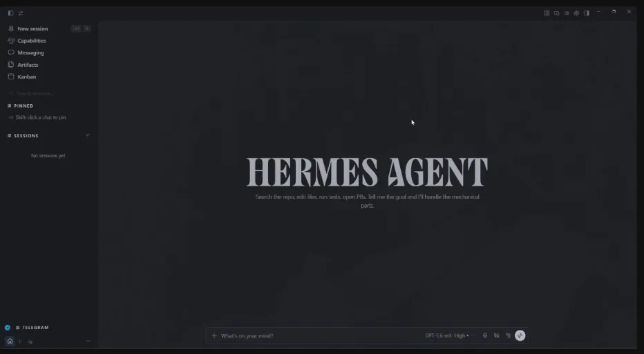 aplicativo desktop do Hermes Agent mostrando o menu lateral com modelos, skills e canais conectados