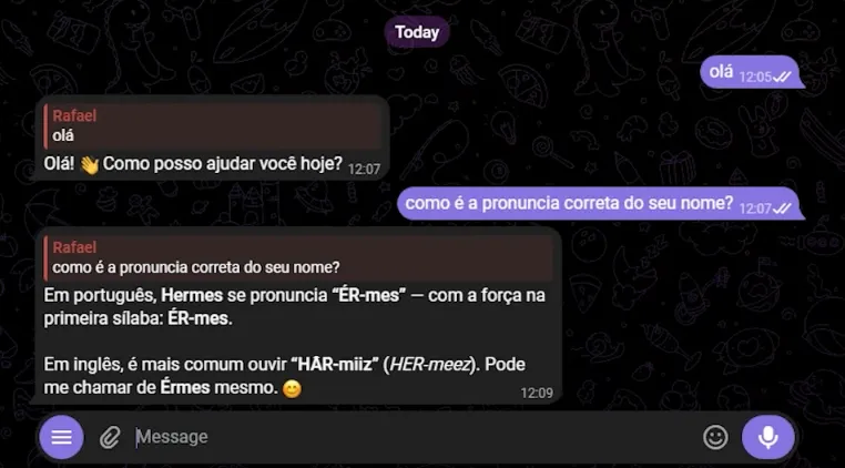 print da conversa com o Hermes Agent no Telegram mostrando a resposta sobre pronúncia do nome