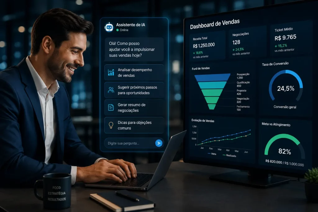vendedor usando um assistente de IA ao lado de um dashboard de vendas