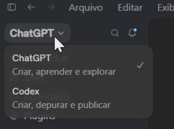 tela do Codex mostrando os botões Chat, Work e Codex no aplicativo do ChatGPT para desktop