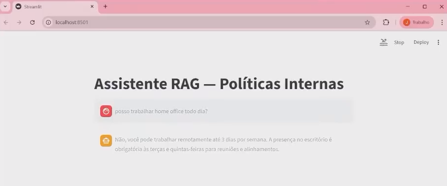 print do chat rodando no navegador via Streamlit com uma pergunta e resposta