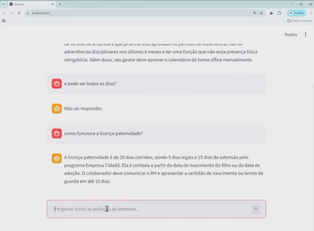 print do chat respondendo corretamente sobre licença paternidade com base no PDF
