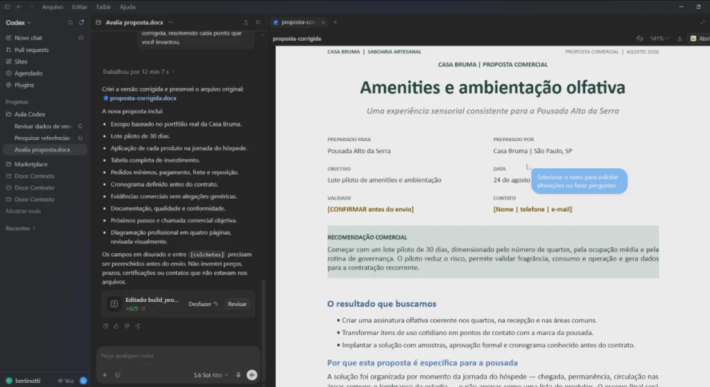 análise da proposta comercial em Word sendo corrigida pelo Codex