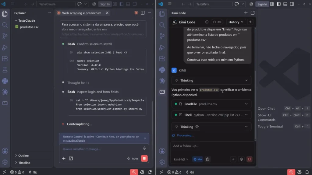 print lado a lado dos dois projetos, Kimi Code e Claude Code, rodando a automação