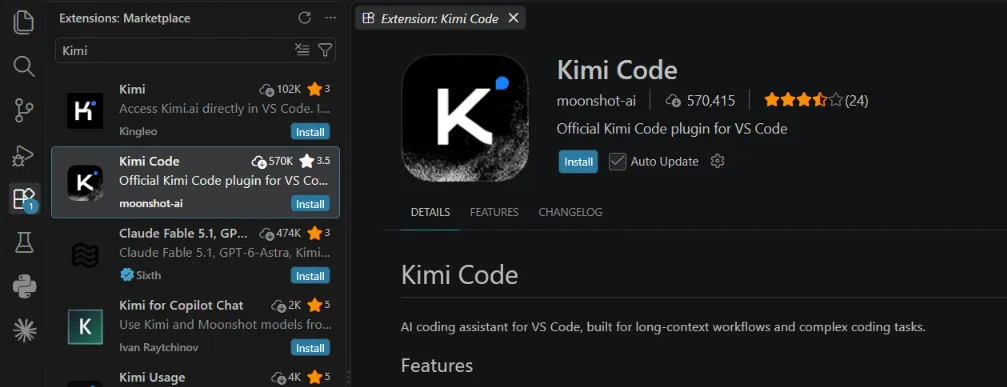 extensão do Kimi Code sendo instalada no VS Code
