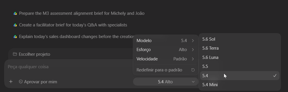 interface de escolha de modelo de IA dentro do Codex com as opções Sol, Terra e Lua