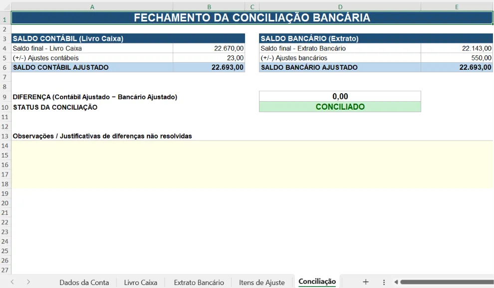 print da aba "Conciliação" mostrando o saldo ajustado e o status "Conciliado" em verde
